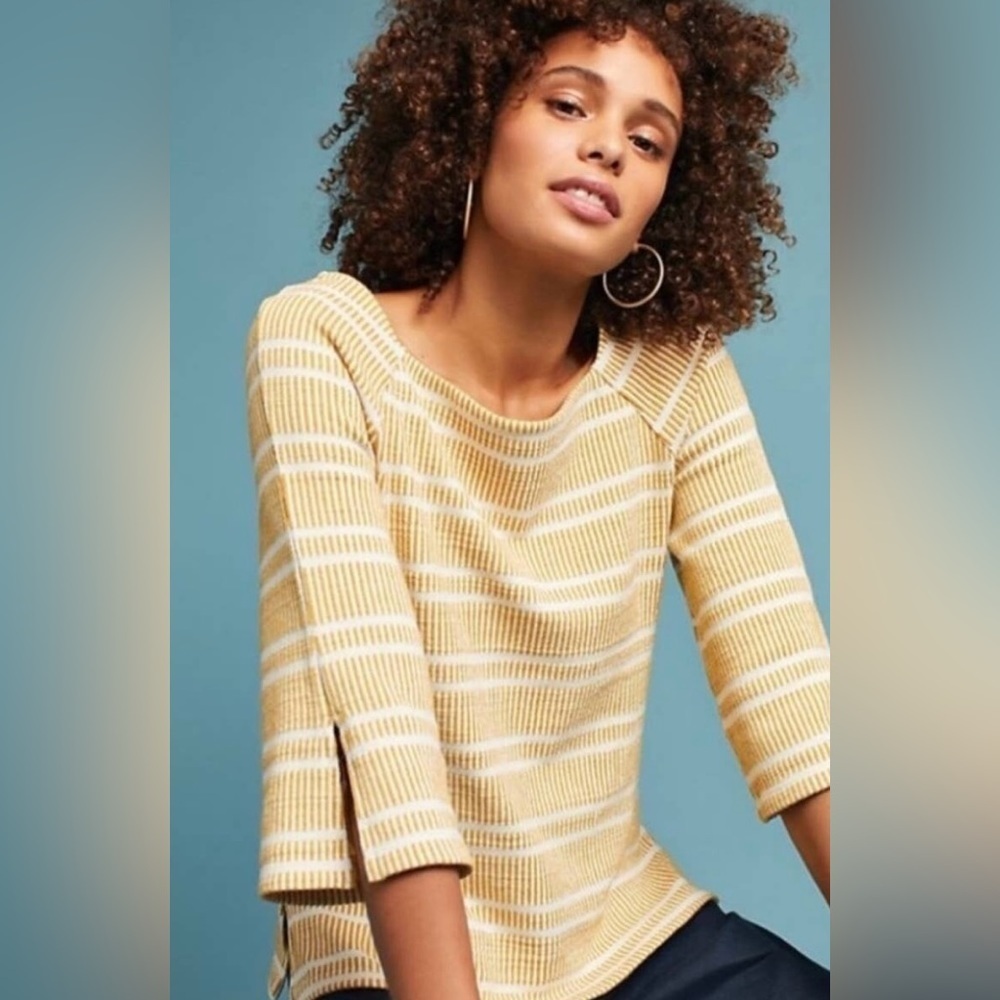 Anthropologie Postcard|Mustard yellow striped knit flare sleeve top, size Med•
